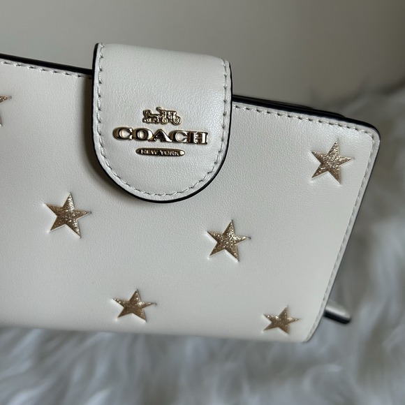 Coach Medium Corner Zip Wallet Chalk White Gold Glitter Star Bifold Leather - Picture 6 of 6